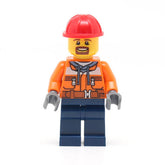 LEGO trn242 - Forklift Driver (Chest Pocket Zippers, Belt over Dark Gray Hoodie, Dark Blue Legs, Red Construction Helmet, Brown Beard)